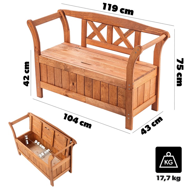 Градинска пейка, 119x43x75см, дървена рамка, с вградено място за съхранение