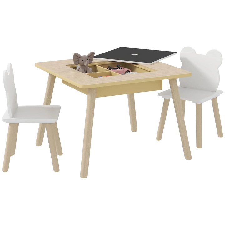 Set masa si scaune pentru copii, design minimalist, lemn natural si alb, 60x60x44 cm