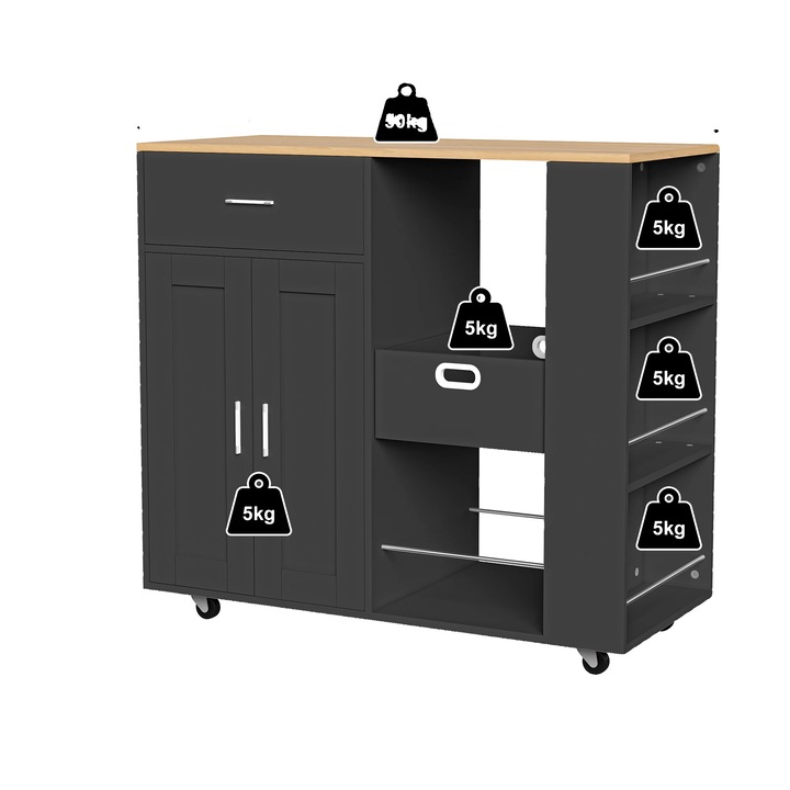 Insula de bucatarie mobila, design minimalist modern, neagra, cu sertar si rafturi deschise, dimensiuni standard