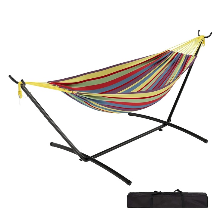 Hamac freestanding, capacitate 204 kg, galben-rosu, pentru doua persoane