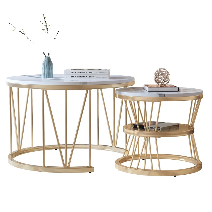 Masa de cafea, design rotund, stivuita, picioare aurii, alb