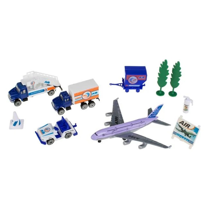 Set vehicule aeroport 10 piese cu avion si accesorii