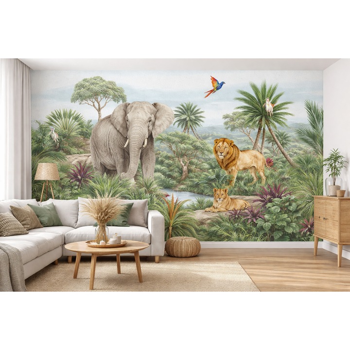 Tapet decorativ perete cu animale safari, design jungle, 360x255 cm