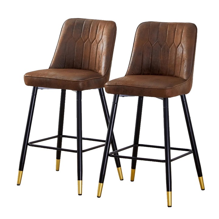 Set de scaune bar, 2 bucati, piele PU, suport pentru picioare, maro, inaltime standard 100 cm
