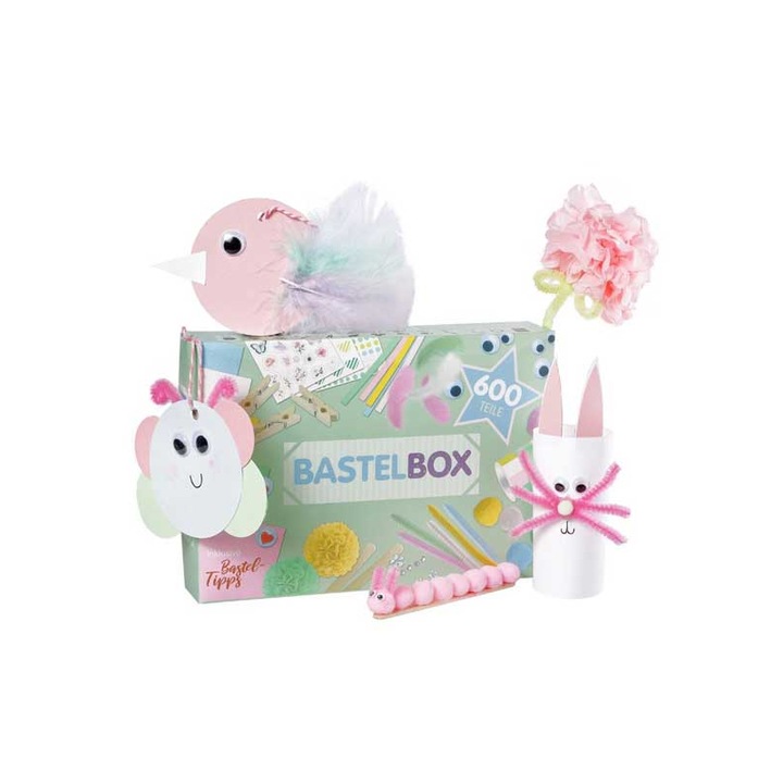 Set de artizanat Ohuhu 600 piese, pastel, 5 tipuri de hartie A5, 3 washi tape, 10 sarme, 20 bete, 100 ochisori, 50 pom poms, 36 papusi, 100 autocolante diamant, 250 autocolante hartie, 50 hartie colorata, 3 flori din hartie, 12 bete din lemn.