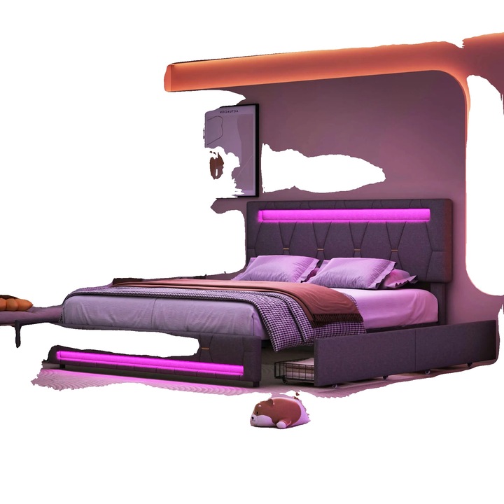 Pat cu LED, sertare de depozitare, gri inchis, 140x200cm