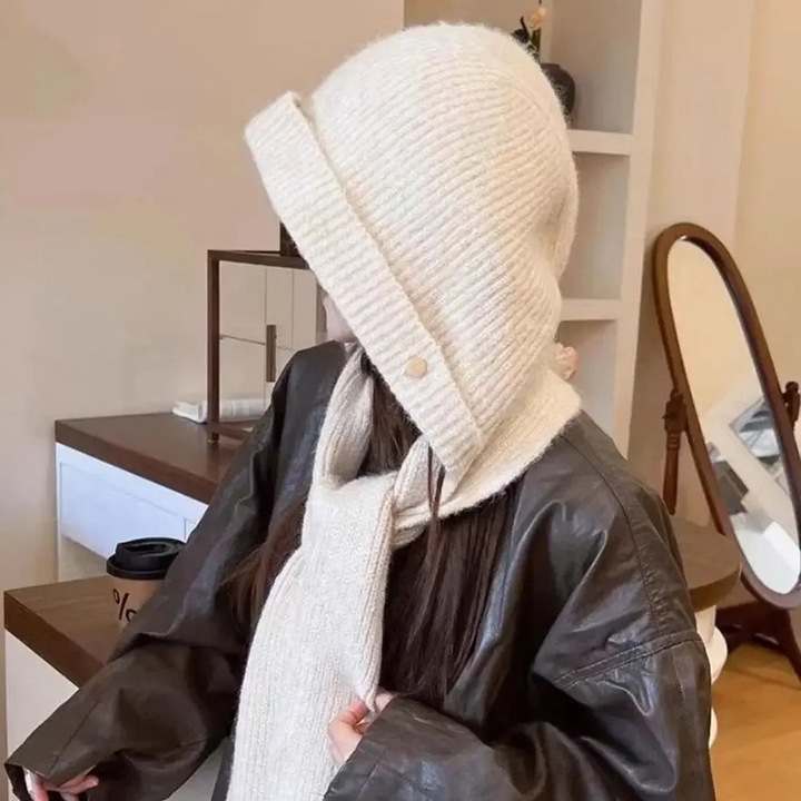 Caciula tricotata cu gluga, caldura, design rezistent la vant, bej