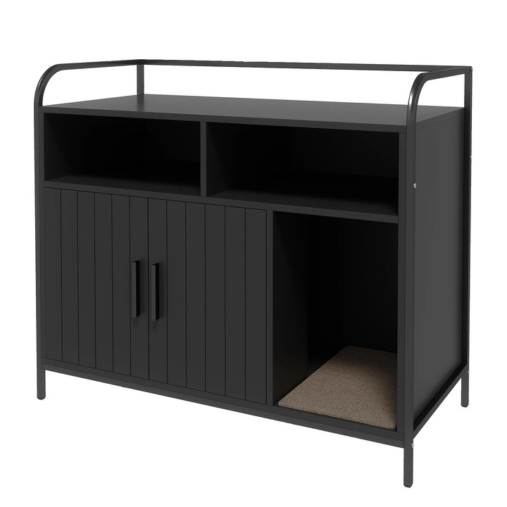 Litiere pentru pisici, design din lemn, include raft de depozitare, negru, dimensiune standard