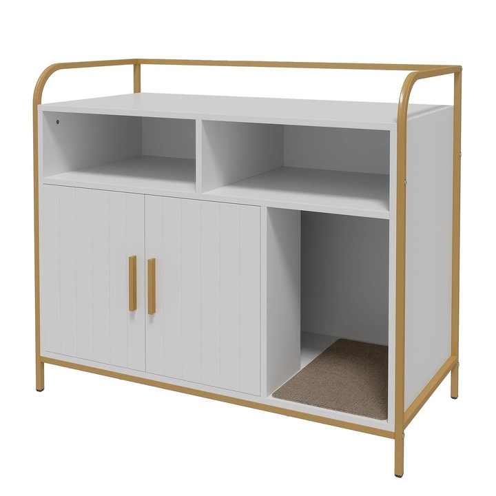 Litiere pentru pisici, design din lemn, include raft de depozitare, alb, dimensiune standard