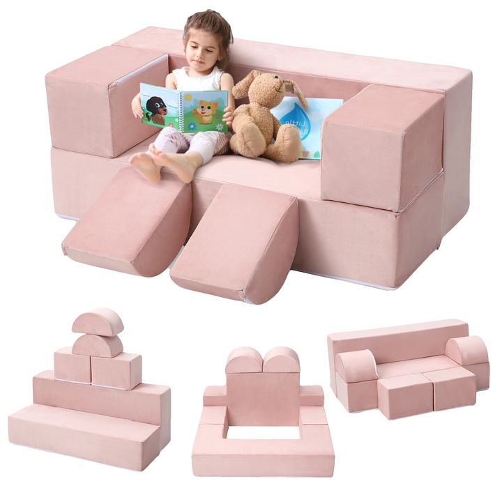 Canapea modulara pentru copii, roz, design versatil, dimensiuni personalizabile