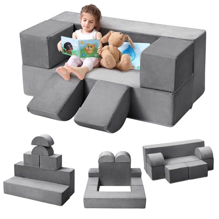 Canapea modulara pentru copii, microvelur gri, 39.37x19.70x15.75 inch, cu buzunare laterale