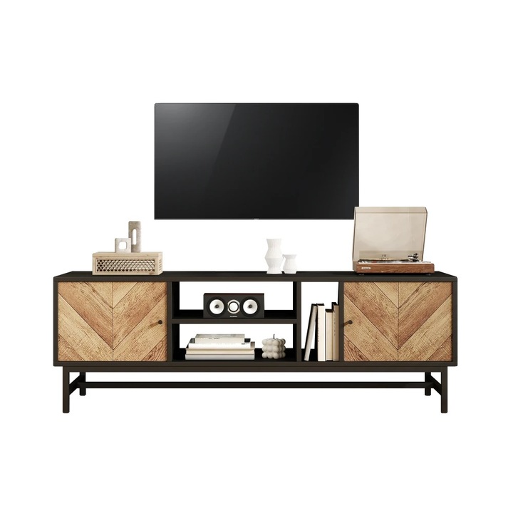 Comoda TV, design modern, solutii de stocare versatile, negru si natural, pentru televizoare de pana la 39 inch