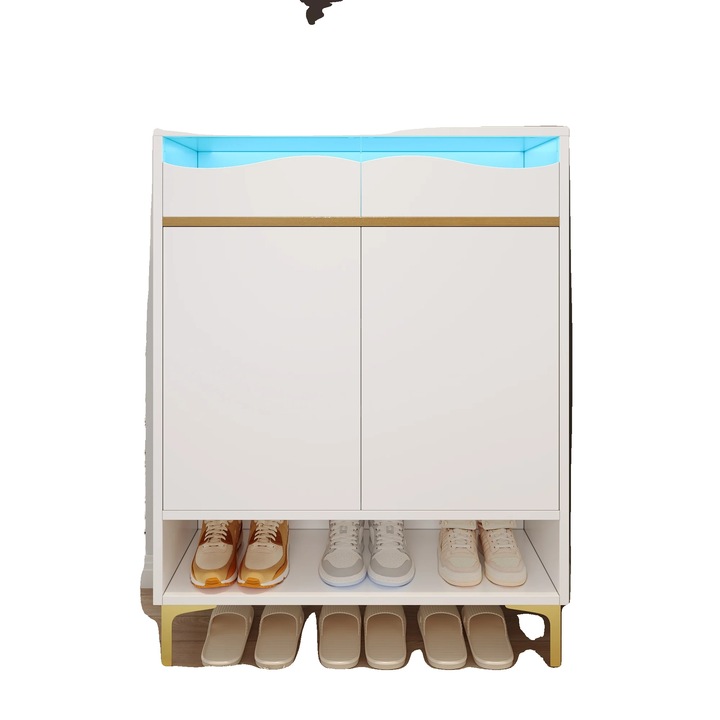 Cipősszekrény, függőleges design, LED világítás, 80x35x105cm, 2 fiók, 2 ajtó