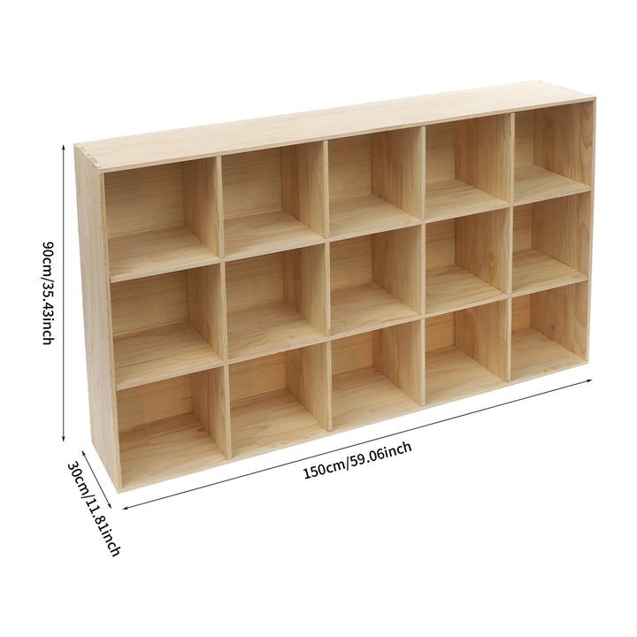 Biblioteca, design cu 3 niveluri, 15 compartimente, culoare lemn natur