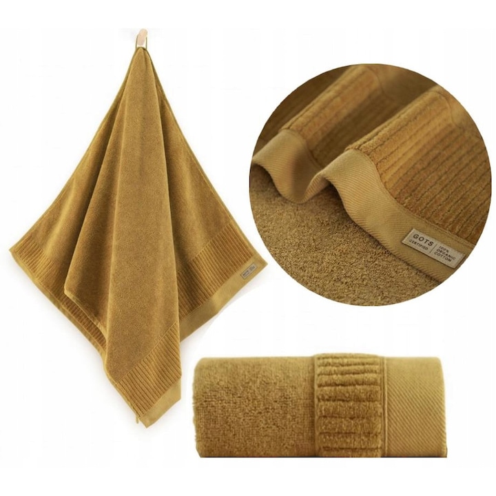 Prosop de baie premium, Zwoltex, PORTO, 30 x 50 cm, Auriu, Bumbac organic egiptean, 600 g/m², standard GOTS, moale, catifelat, agatatoare colorata, finisaj de lux, Certificat OEKO-TEX standard