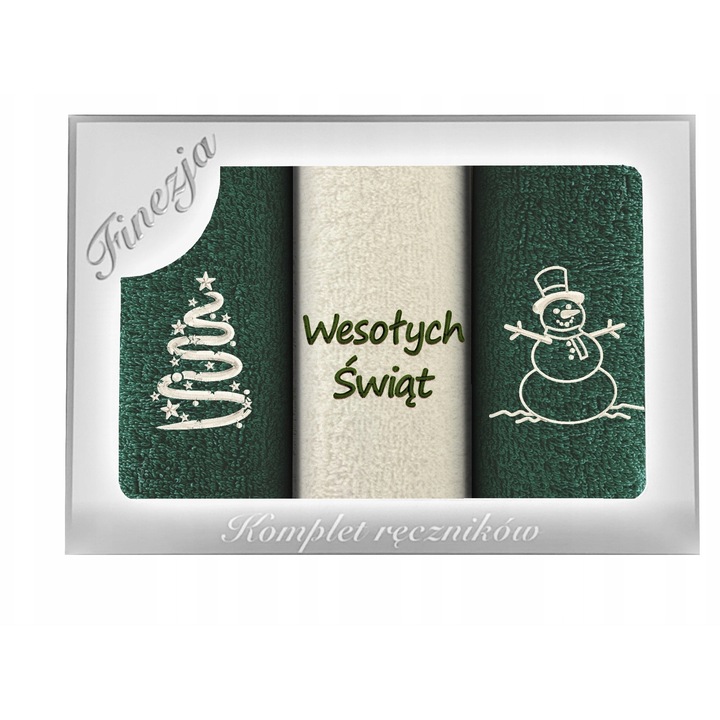 Set 3 Prosoape Bucatarie Craciun, KONEY, 100% Bumbac Egiptean, Broderie Sarbatori, Absorbante, Cutie Cadou Eleganta, Accesorii Festive Masa, Calitate Premium, Ideale pentru Casa sau Cadou, 30x50 cm, Verde-Ecru