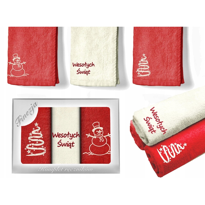 Set 3 Prosoape Bucatarie Craciun, KONEY, cu Broderie Moderna, 100% Bumbac Egiptean, Textura Moale si Pufoasa, Putere Mare de Absorbtie, Ambalaj Cadou Elegant, Calitate Premium, Cadou Ideal de Sarbatori, 30x50 cm, Rosu-Ecru