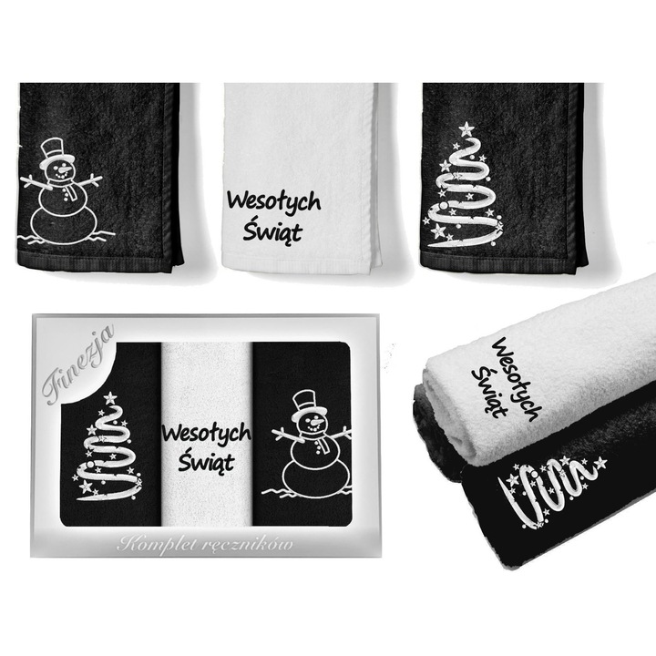 Set 3 Prosoape Bucatarie Craciun, KONEY, 100% Bumbac Egiptean, Broderie Sarbatori, Absorbante, Cutie Cadou Eleganta, Accesorii Festive Masa, Calitate Premium, Ideale pentru Casa sau Cadou, 3x 30x50 cm, Negru-Alb