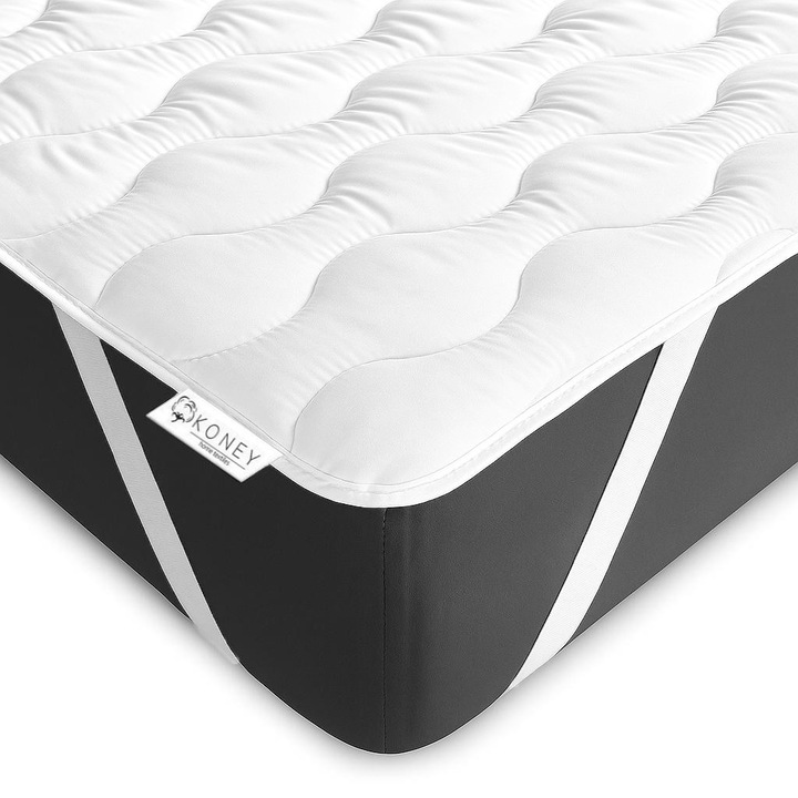 Topper Saltea, KONEY, Protectie Si Corectie Saltea, Microfibra Hipoalergenica Si Umplutura Siliconica HCS, Fixare Cu Benzi Elastice, Grosime 410g/m2, Respirabil Si Durabil, Se Spala La 60 Grade, 200x200 cm, Alb