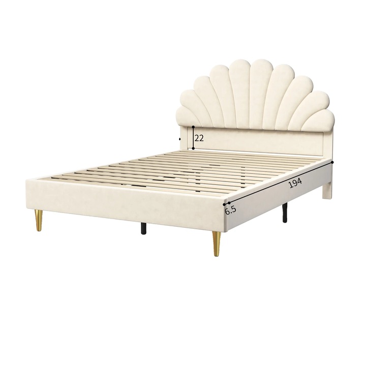 Pat single, design modern, capitana din catifea, bej, 140x200cm