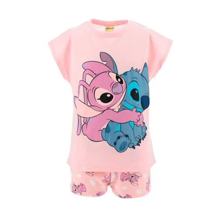 Pijama de vara, maneca scurta, bumbac Lilo & Stitch Hug, Roz
