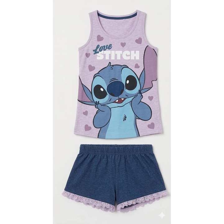 Pijama de vara cu maieu din bumbac in cutie cadou, Lilo & Stitch, Mov