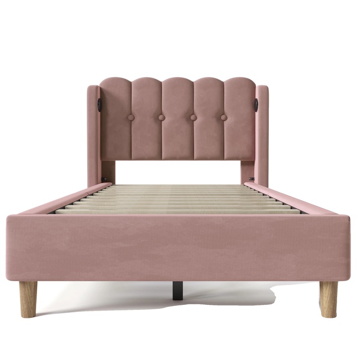 Pat, material catifea, incarcare USB Type-C, roz, 90x200cm