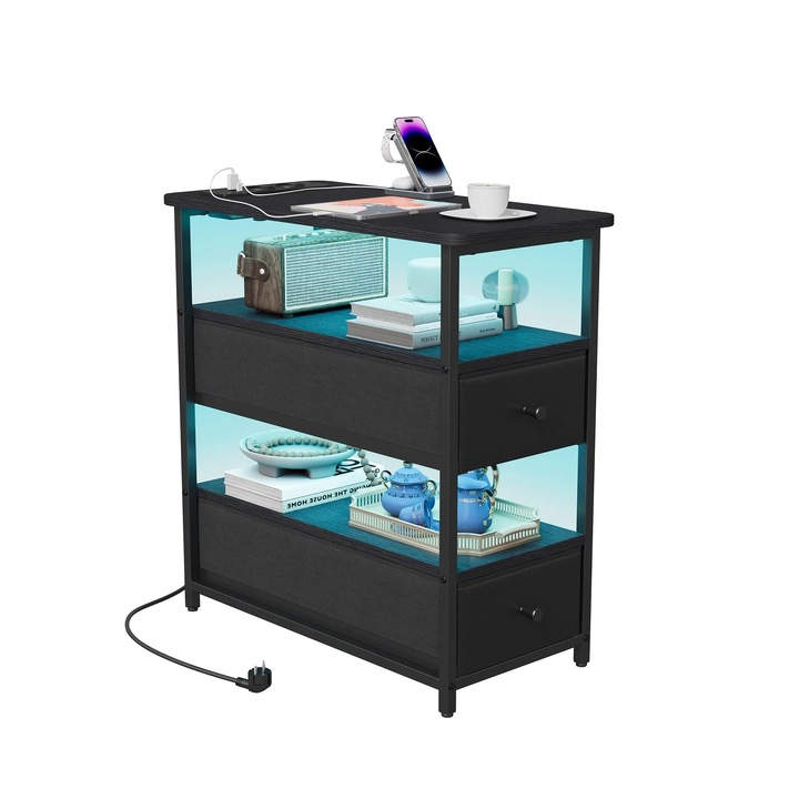 Noptiere, 2 sertare, iluminare LED, negru, 60.5cm