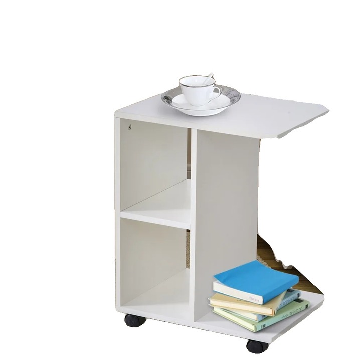 Masa de cafea, 45x35x58cm, design in forma de C, cu rafturi integrate, mobila