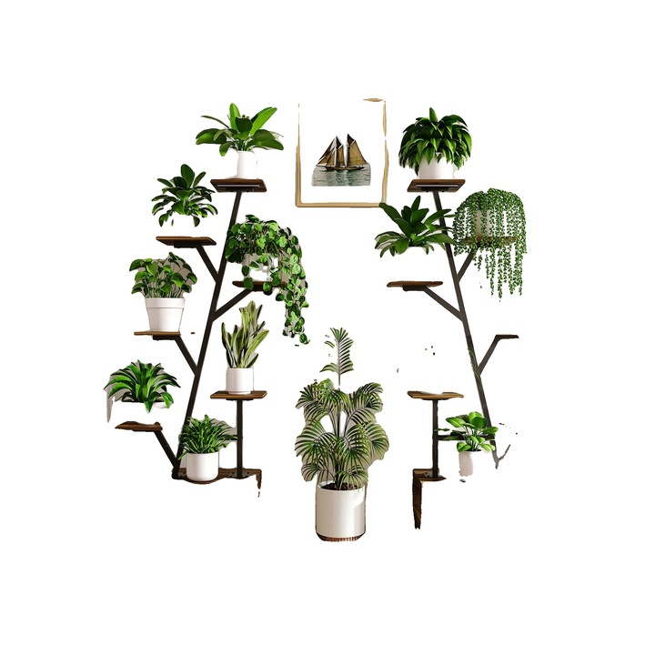 Suport pentru plante, 6 niveluri, constructie metalica si din lemn, forma de ramura de copac, 138cm