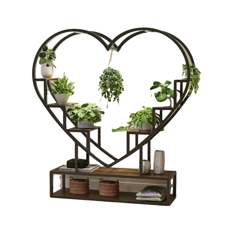 Suport pentru plante, 6 niveluri, constructie metalica si din lemn, forma de inima, 138cm