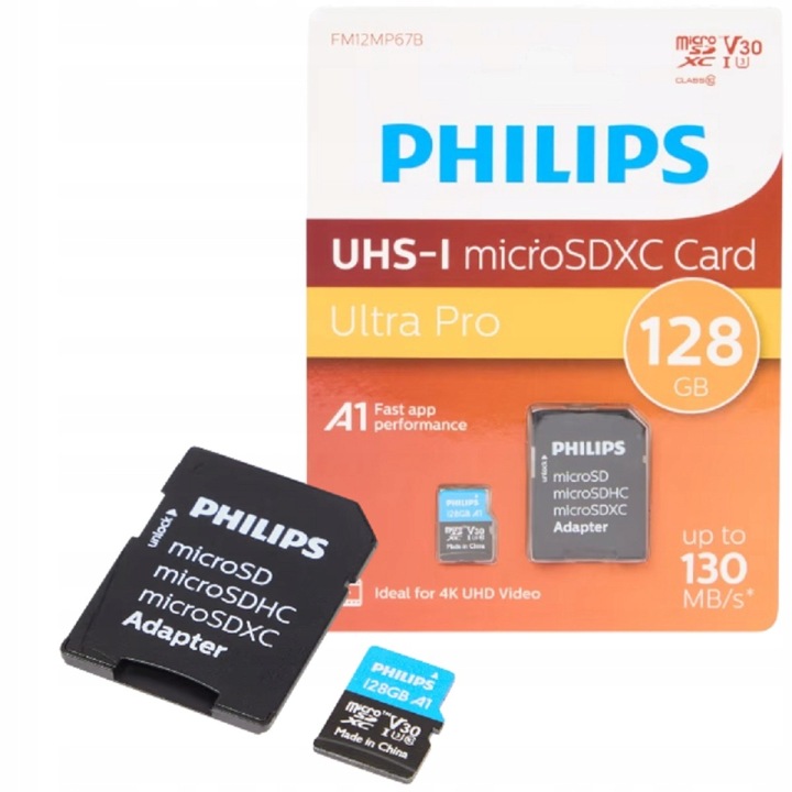 Карта памет 128GB Micro SDXC, SD адаптер, клас 10, UHS-I, U3, трансфер V30, идеална за 4K UHD видеозапис, Philips Ultra Pro