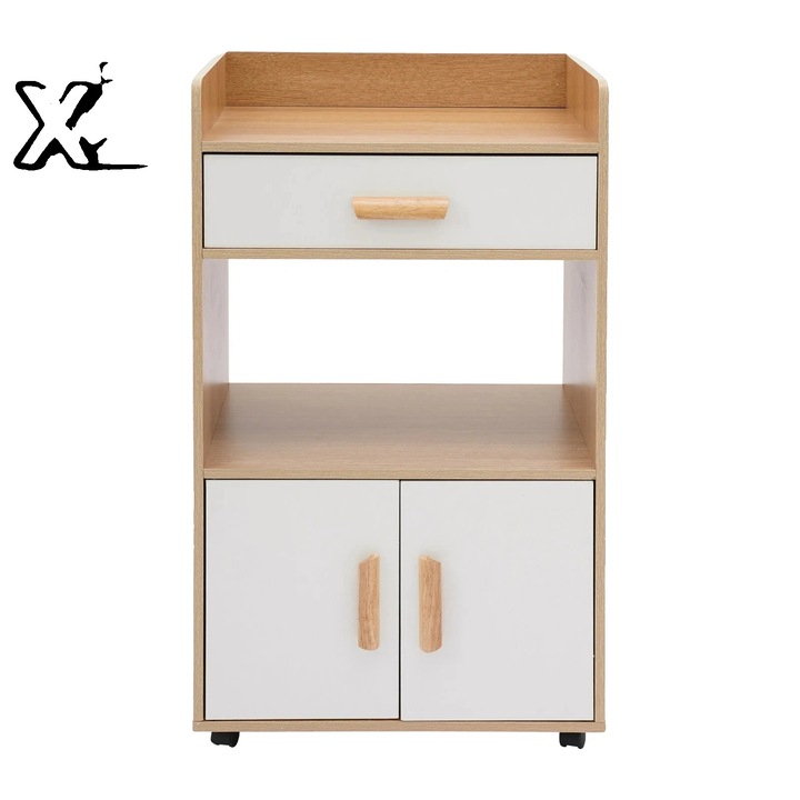 Tároló komód, minimalista design, bútor univerzális kerekekkel, 2 x fa szín, 50x35x86cm