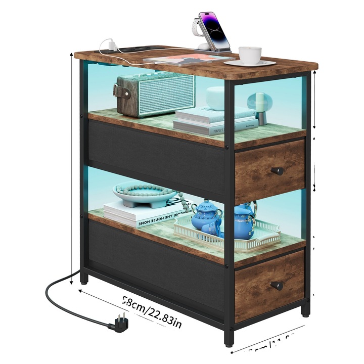 Noptiere, iluminare LED, statie de incarcare USB, maro, 60.5cm, 2 sertare