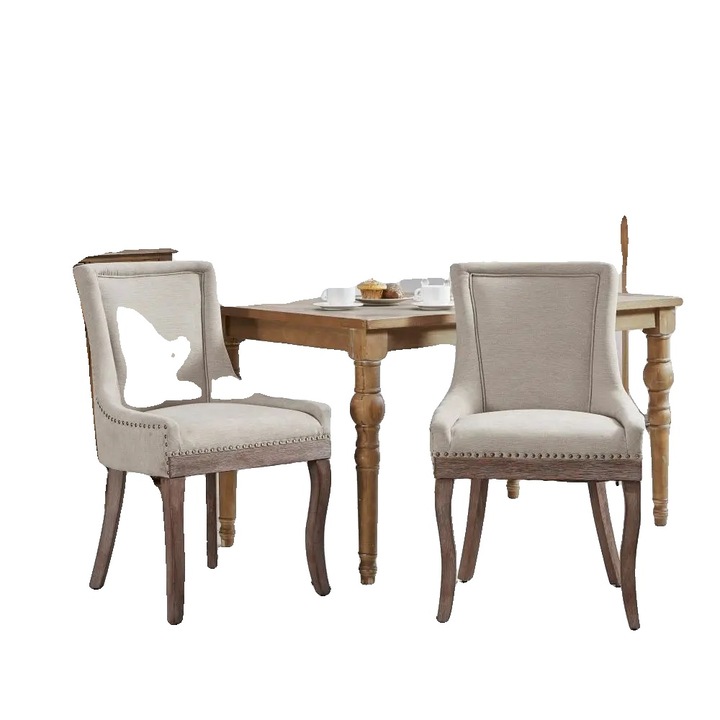 Set de 2 scaune, cadru din lemn masiv, spatar inalt, bej