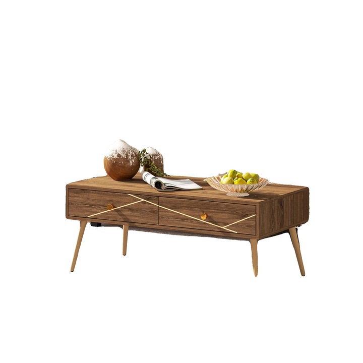 Маса за кафе, 100x50x41 см, две чекмеджета, кафява със златни акценти, самосглобяване