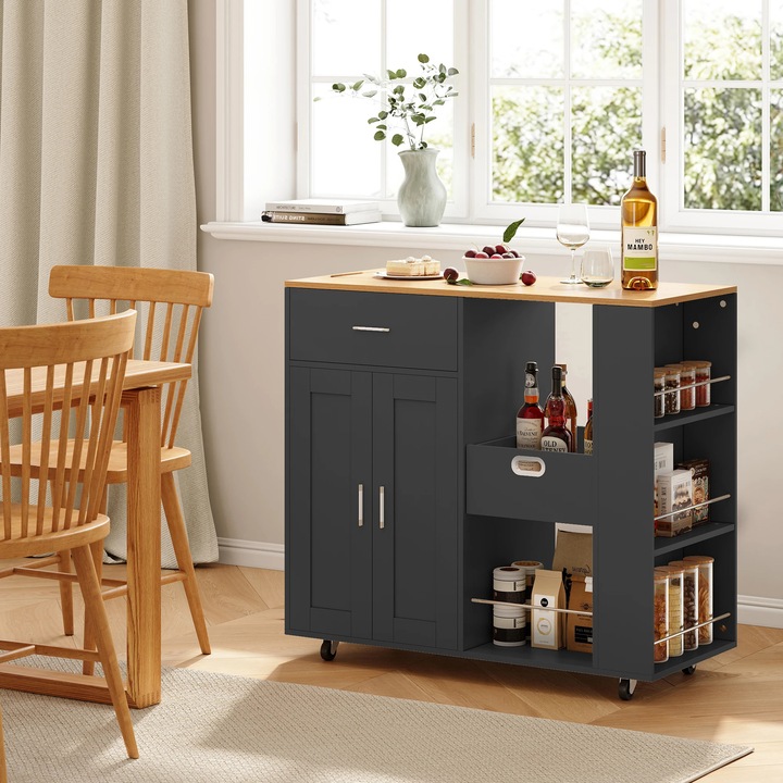 Insula de bucatarie, design compact, mobilitate usoara, negru, 102x46x92cm, 5 sertare