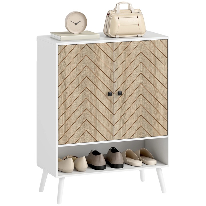 Dulap pantofi, design herringbone, rafturi ajustabile, alb si natural, 75x35x97 cm