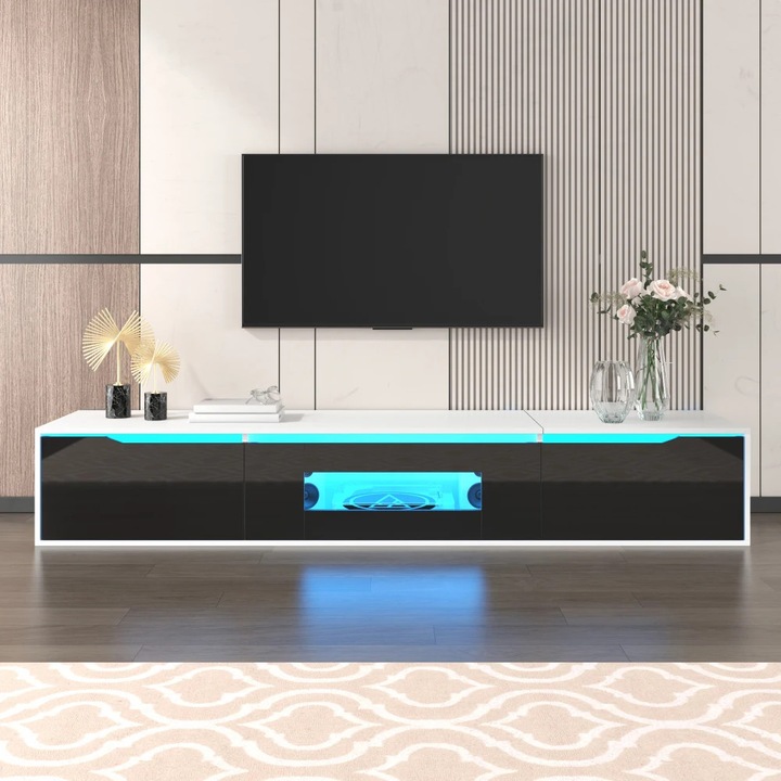 Comoda TV, iluminare LED cu schimbare de culoare, design modern, negru/alb, 60x16x24in