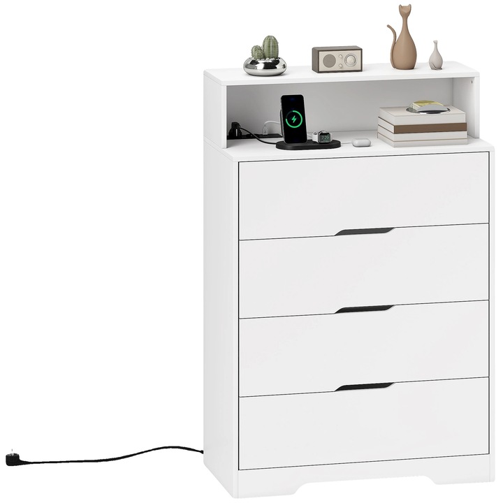 Komód 4 fiókkal, USB töltőállomás, fehér, 80x40x120cm
