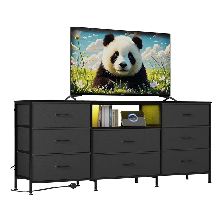 Comoda TV, design din fier si lemn, stocare versatila, gri, dimensiuni standard