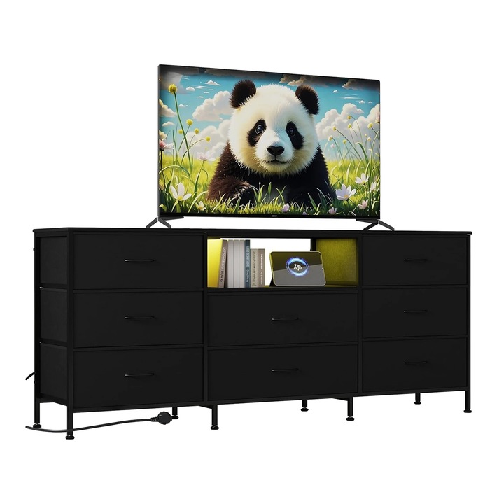 Comoda TV, design din fier si lemn, depozitare versatila, neagra, dimensiuni standard