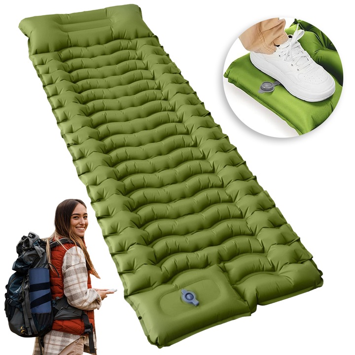 Saltea gonflabila Juksun 195x68cm, inaltime 10cm, design valuri, material 40D nylon cu strat TPU, umflare rapida prin calcare, supapa anti-scurgere, pentru camping si drumetii