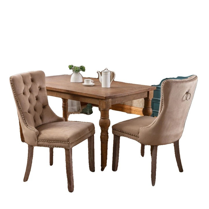 Scaun de dining, tapitat cu catifea, picioare din lemn masiv, khaki, dimensiuni standard