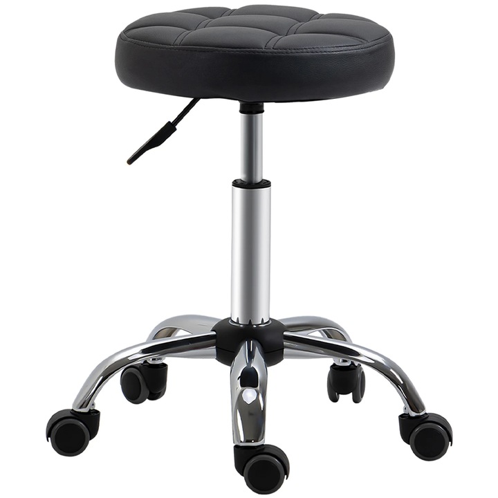 Taburet, Scaun reglabil pe inaltime, Nepivotant, Sezut tapitat, Piele PU si otel, 35, 5 x 35, 5 x 63 cm, Negru