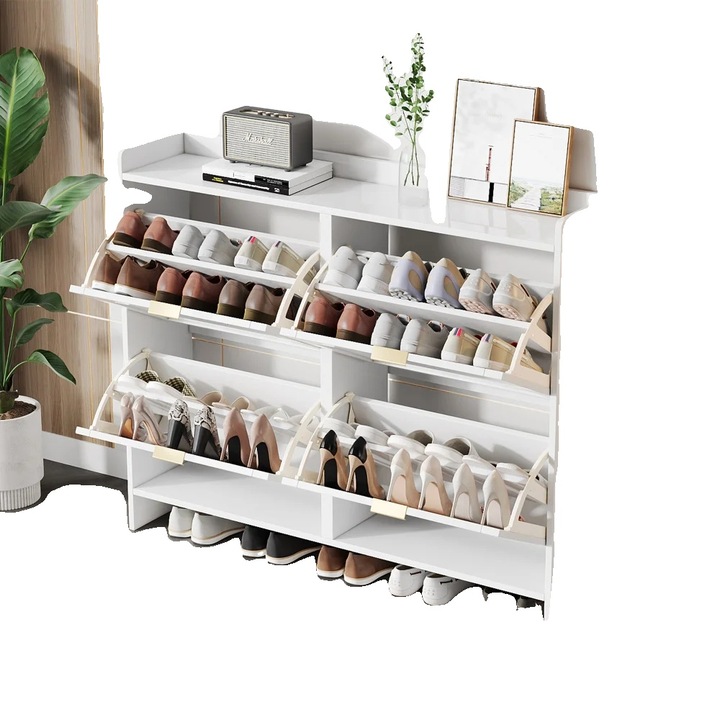 Cipősszekrény, 4 rekeszes, modern design, fehér, kompakt méretek