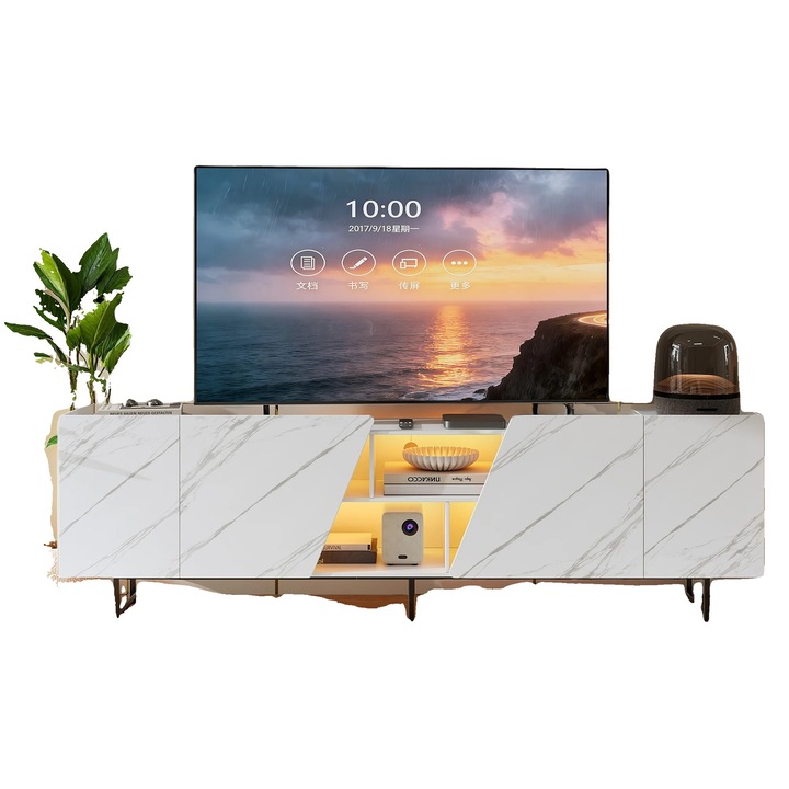 Comoda TV, design modern, spatiu de depozitare generos, alb, 220x67.7cm