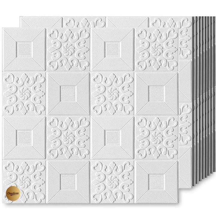 Set 10x tapet 3D Omelivon, autoadeziv, alb, 70x70cm