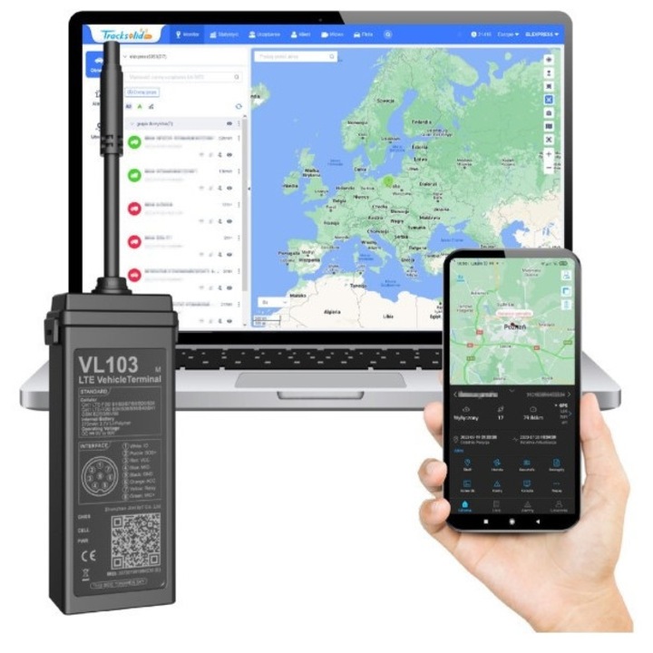 Localizator GPS RTX VL103, serviciu TrackSolid Pro, blocare la distanta, dimensiuni 9x4x2cm, alimentare 9-90V