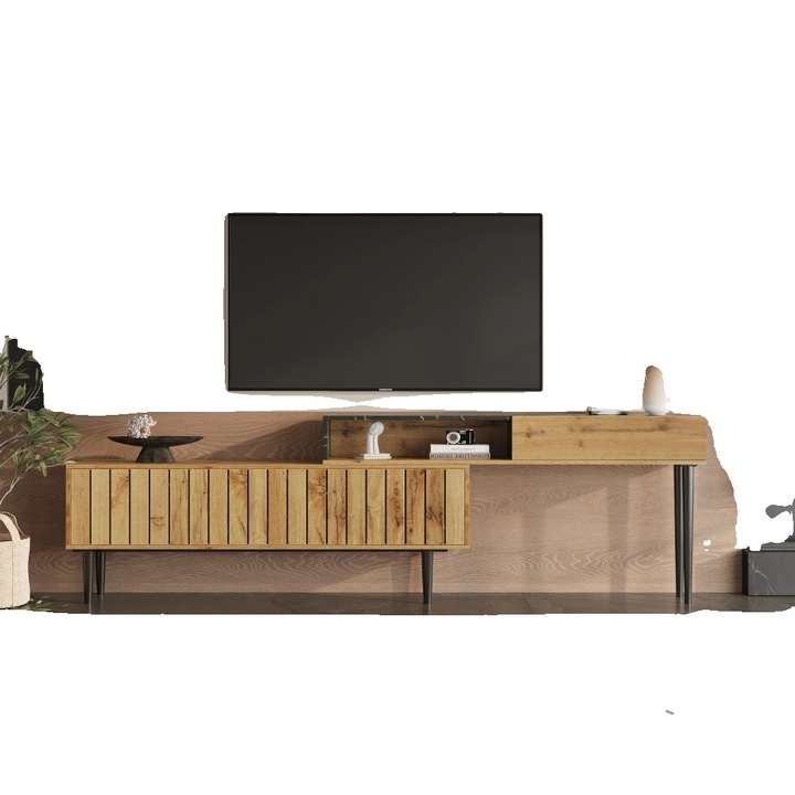 Comoda TV, design contemporan, lemn cu blat din marmura, natural+negru, pentru televizoare 55-65 inch